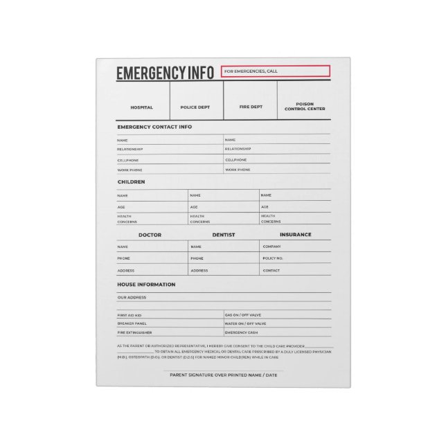 Bloc-note Fiche d'informations sur les contacts d'urgence (Tourné)