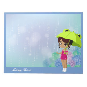 Bloc-note Fille Avec Grenouille Parapluie & Fleurs Hydrangée