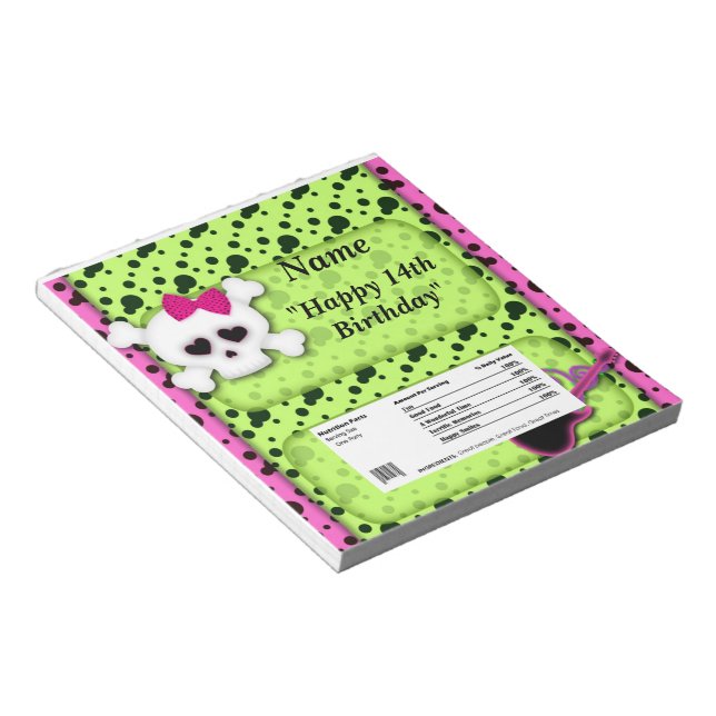 Bloc-note Fille Crâne Anniversaire Candy Bar Wrapper Party F (Incliné)