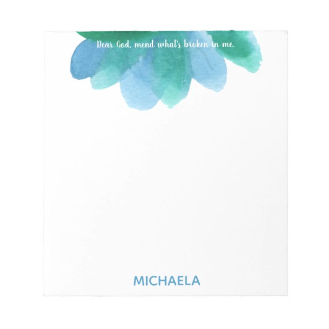 Bloc-note Fleur et prière personnalisée à l'aquarelle bleue (Devant)