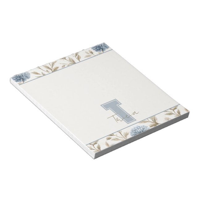 Bloc-note Fleurs Brunes Bleues Crème Monogramme Initial Nom (Incliné)