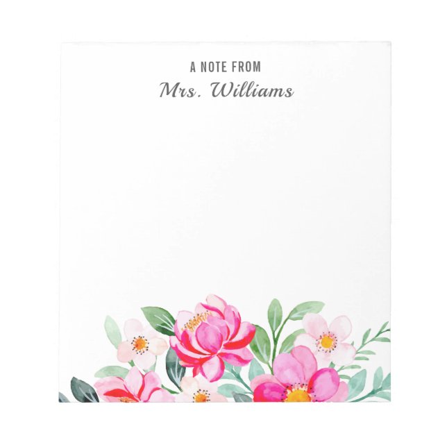 Bloc-note Fleurs D'Aquarelle Floral Nom Personnalisé Une Not (Devant)