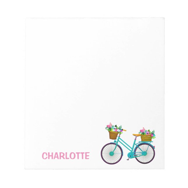 Bloc-note Fleurs de panier de bicyclette personnalisées bleu (Devant)
