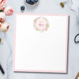 Bloc-note Fleurs de rose rose blush aquarelle à monogramme f