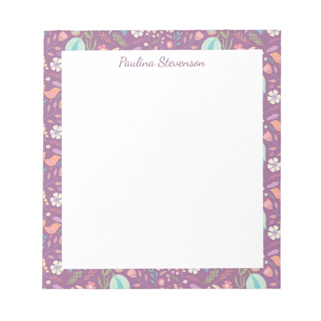 Bloc-note Fleurs d'oiseaux élégantes Motif Mauve Personnalis (Devant)