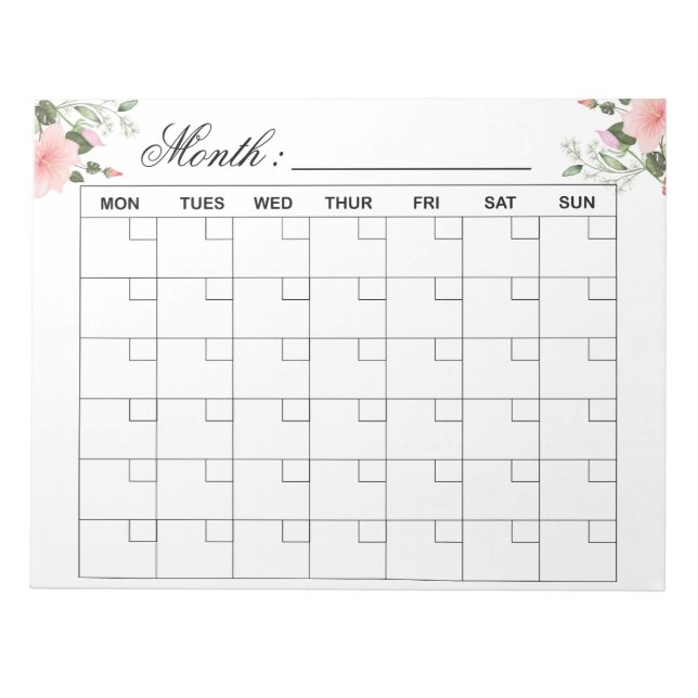 Bloc-note Fleurs - Planificateur de calendrier mensuel (Devant)