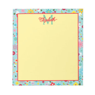 Bloc-note Fleurs printanières sur monogramme bleu aqua