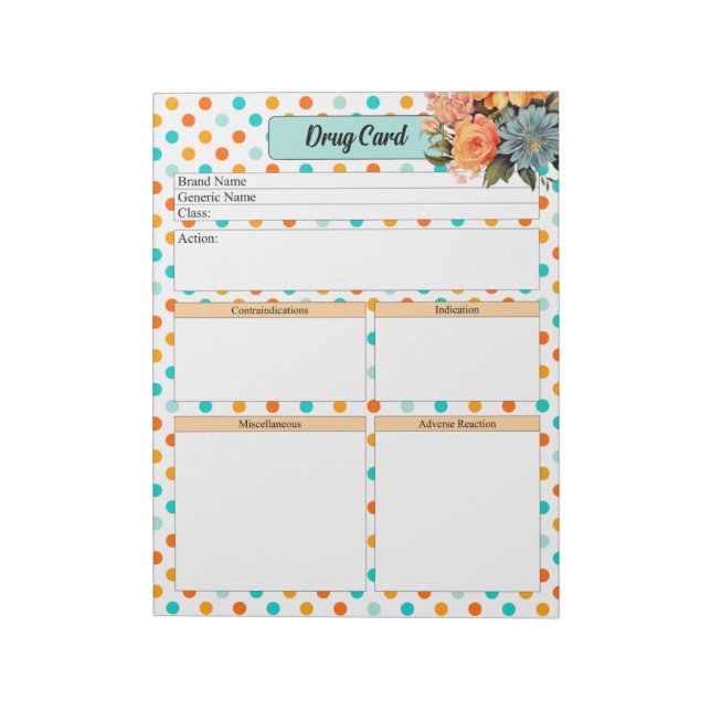 Bloc-note Floral Orange n Bleu Pois _Carte médicaments (Tourné)