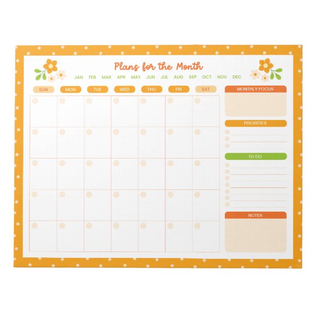 Bloc-note Flower Polka Dots Monthly Sunday Start Planner (Devant)