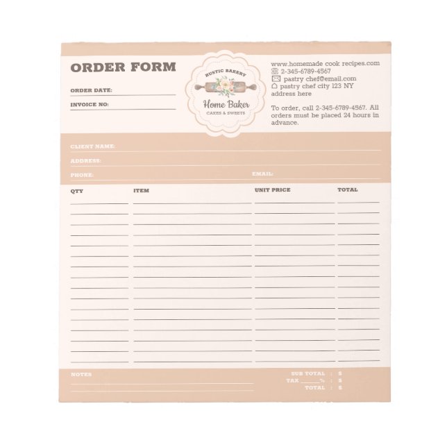 Bloc-note Formulaire de commande de gâteau de pâtisserie de  (Devant)