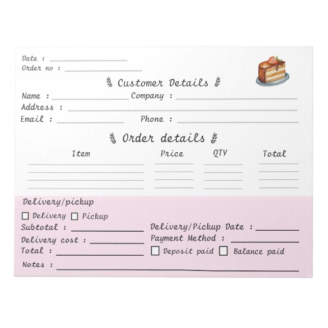 Bloc-note Formulaire de commande de pâtisserie professionnel (Devant)