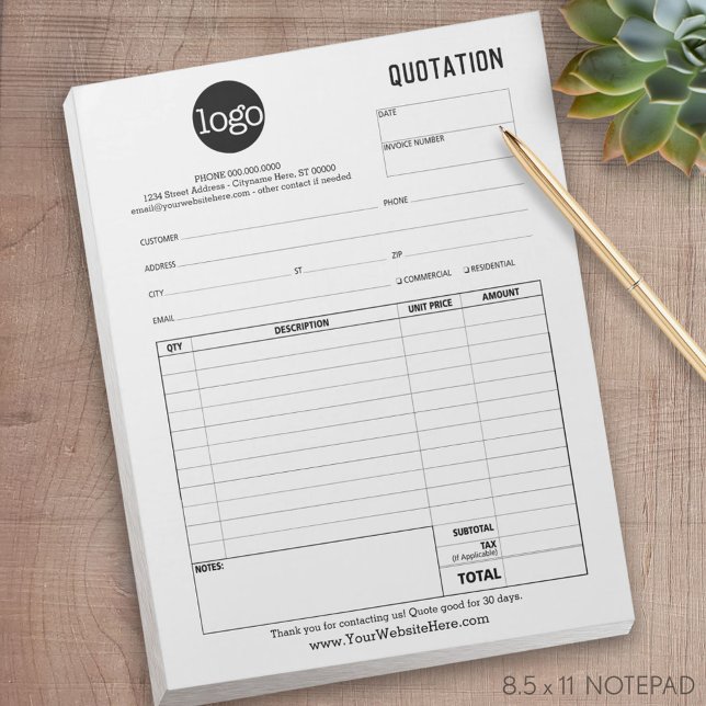 Bloc-note Formulaire de soumission professionnelle, facture  (custom quotation form with logo)