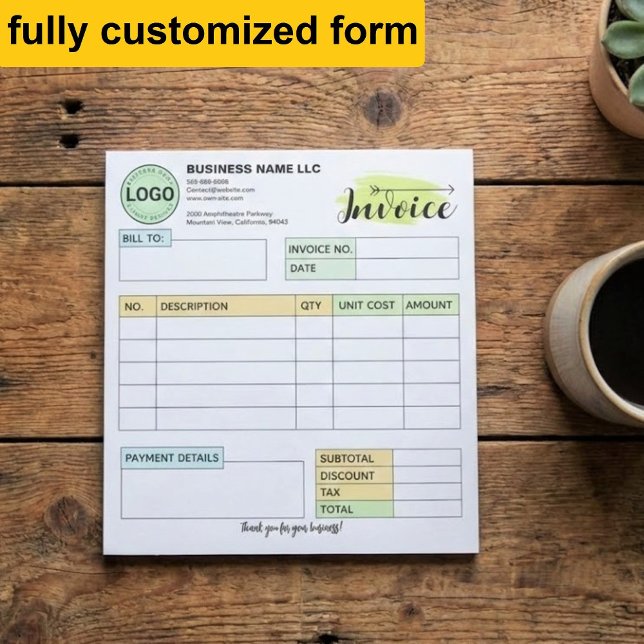 Bloc-note Full Custom invoice with logo | Small Business  (add your logo invoice pad)