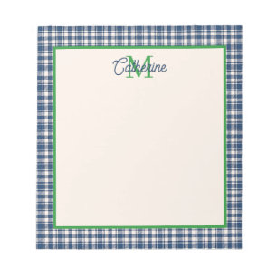 Bloc-note Gingham à carreaux bleu et vert Tartan Monogramme