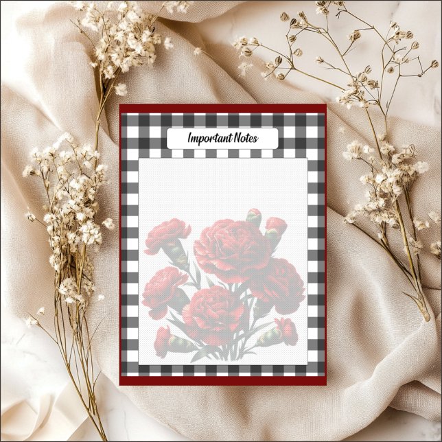 Bloc-note Gingham floral noir et blanc _ Notes importantes (Créateur téléchargé)