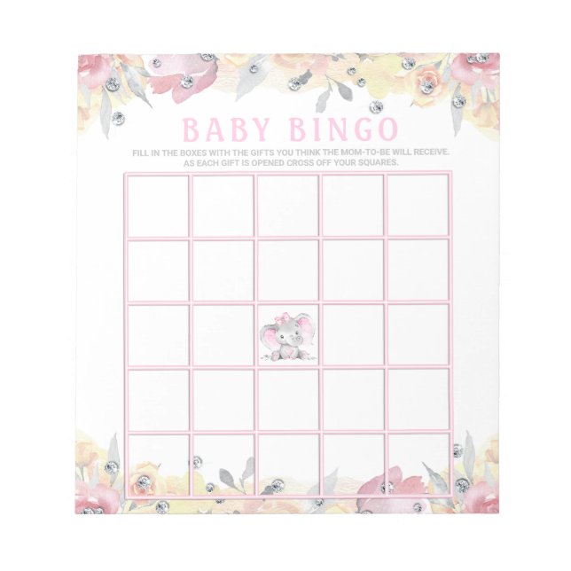 Bloc-note Girl Elephant Baby shower Bingo Cartes de jeu (Devant)