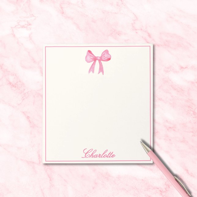 Bloc-note Girly Pink Bow (cute sweet pink girly coquette bow notepad, custom name in calligraphy script, stationery for her)