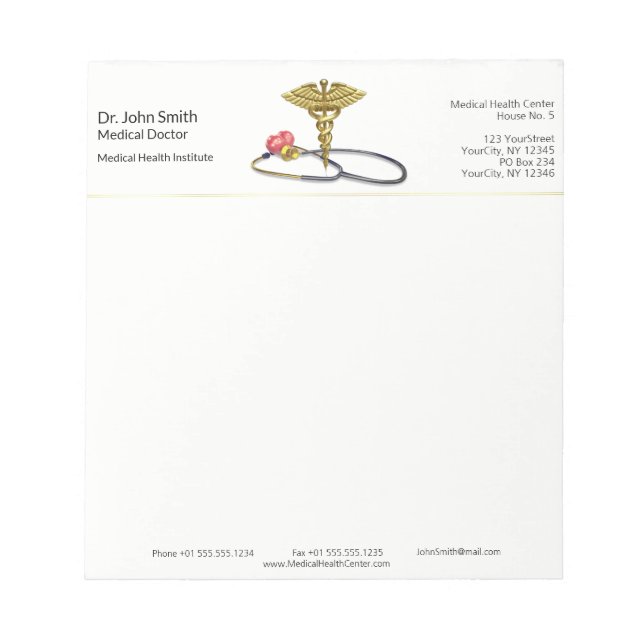 Bloc-note Gold Caduceus & Stethoscope with Heart Medical (Devant)