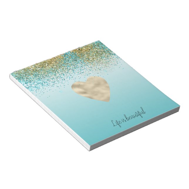Bloc-note Gold Faux Parties scintillant Aqua Ombre Heart (Incliné)