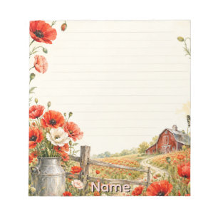 Bloc-note Grange rouge et prairie de coquelicots