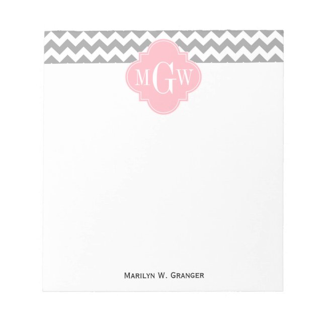 Bloc-note Gris blanc Chevron rose Quatrefoil 3 Monogramme (Devant)
