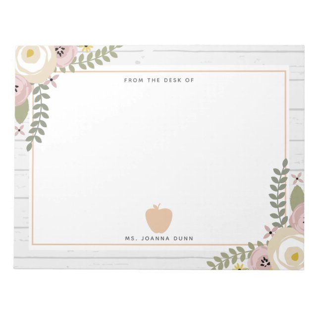 Bloc-note Gris Bois Dusté Floral Rose Pomme Enseignant (Devant)