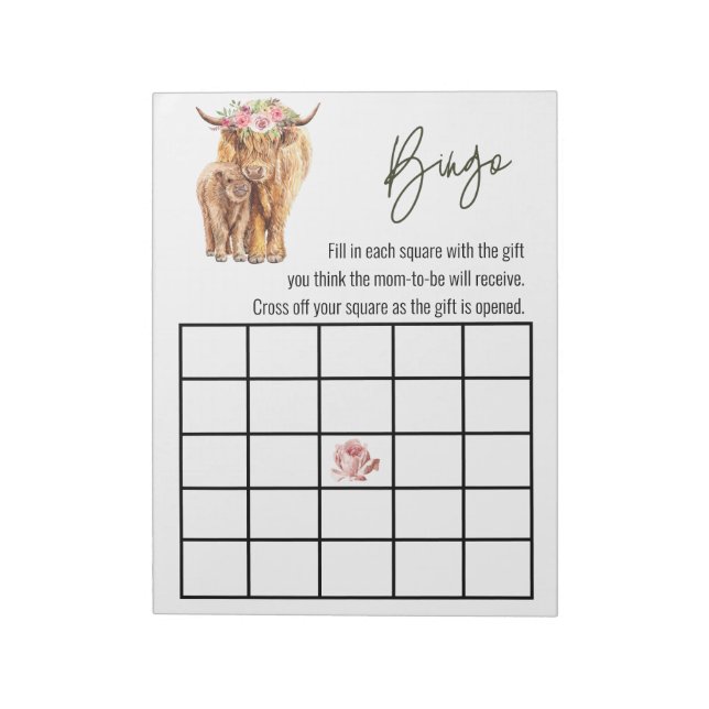 Bloc-note Highland Cow Baby shower Jeu de Bingo (Tourné)