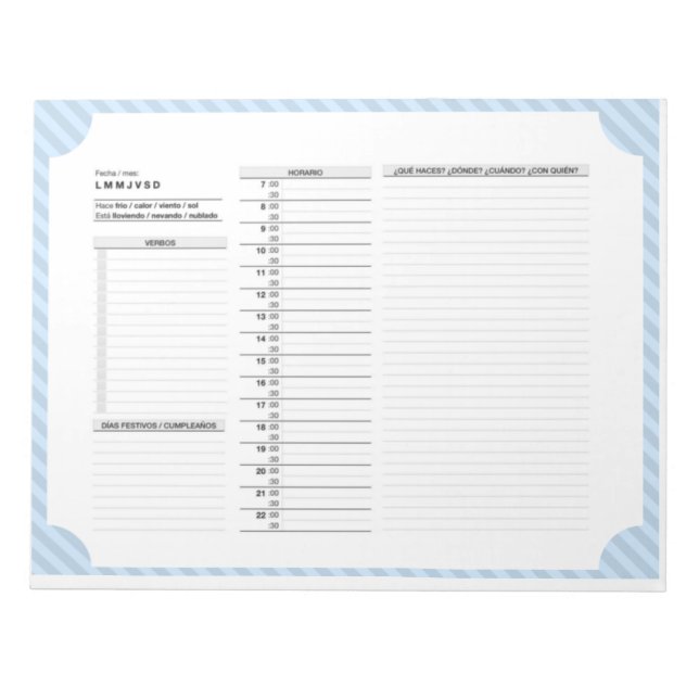 Bloc-note Horaire quotidien en espagnol avec verbes, Pratiqu (Devant)