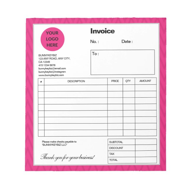 Bloc-note Hot Pink Chevron Entreprise Commerce Facture (Devant)