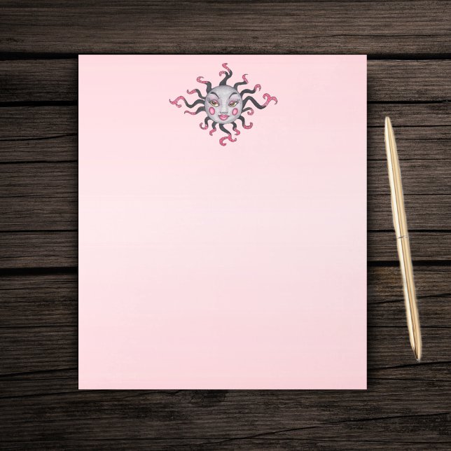 Bloc-note imaginaire Soleil Joli Visage Noir Rose Rayons (Grey pink black sun with pretty face pink lips and fancy scrolled rays on pink paper notepad.)