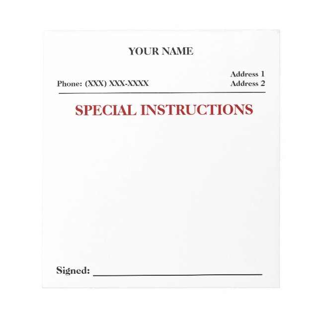 Bloc-note Instructions spéciales Slip Note Pad (blanc) (Devant)