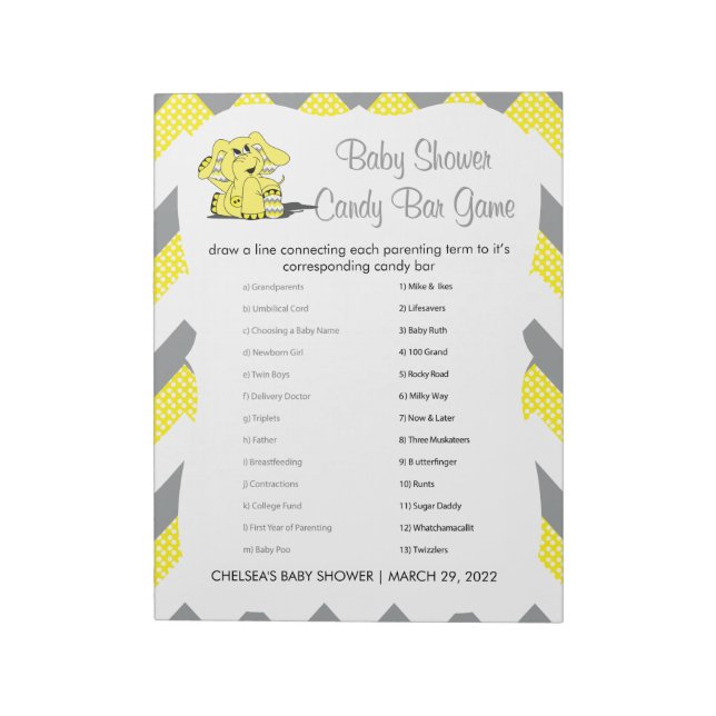 Bloc-note Jaune et gris Chevron Elephant Baby shower Jeu 2 (Tourné)