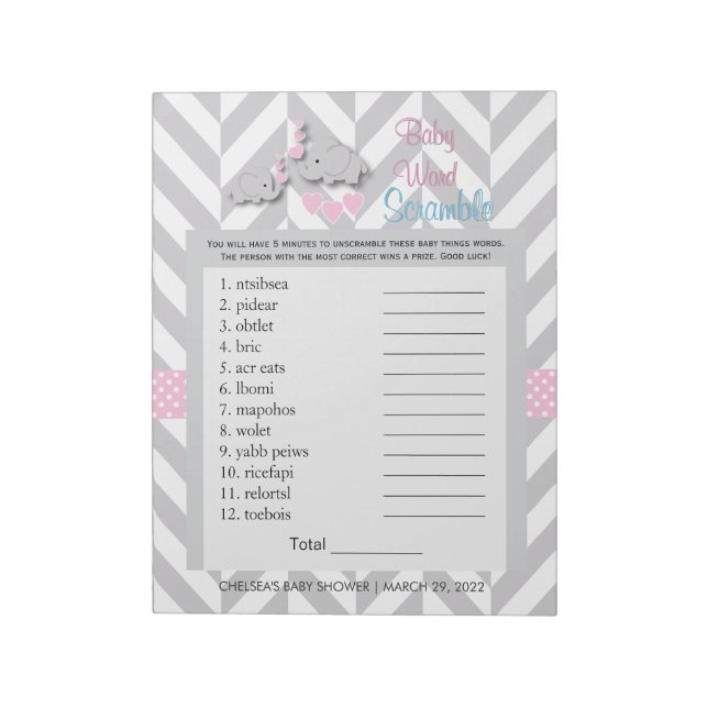 Bloc-note Jeu Baby shower rose et gris éléphant (Tourné)