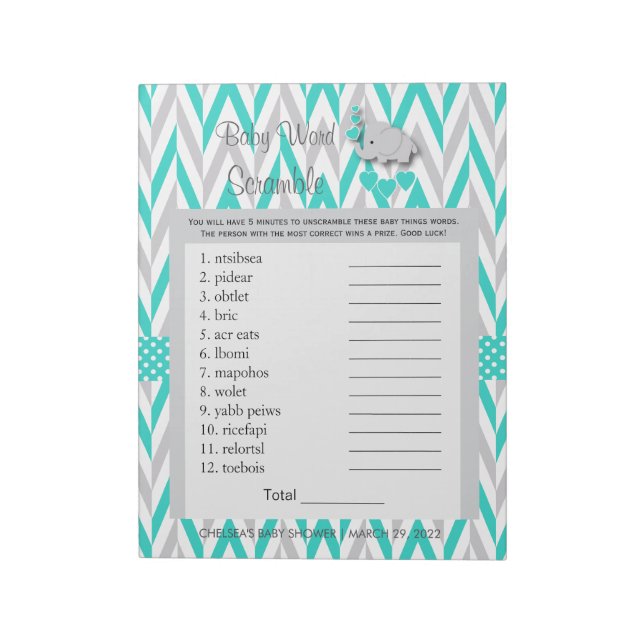 Bloc-note Jeu de Baby shower turquoise et gris éléphant (Tourné)