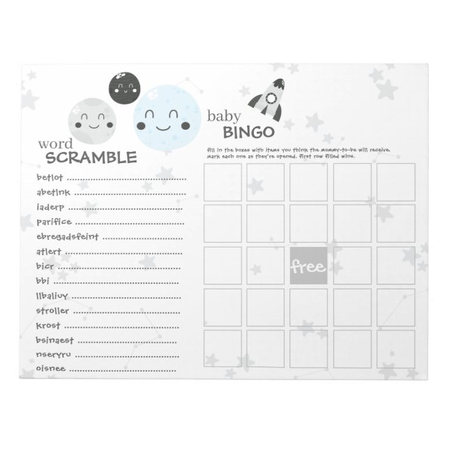 Bloc-note Jeux de Baby shower Cute Blue Kawaii Planet & Moon (Devant)