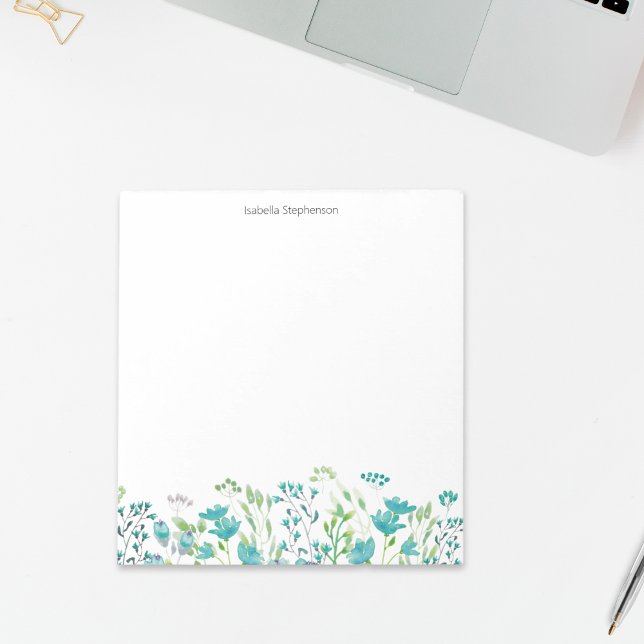 Bloc-note Jolie aquarelle Bleu Flore Bordure personnalisée (Créateur téléchargé)