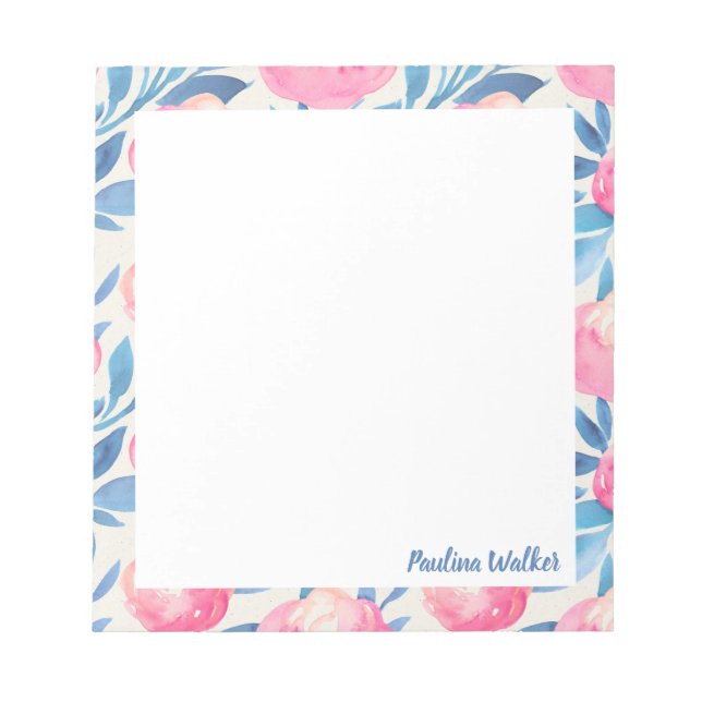 Bloc-note Jolie aquarelle motif floral rose Nom bleu (Devant)