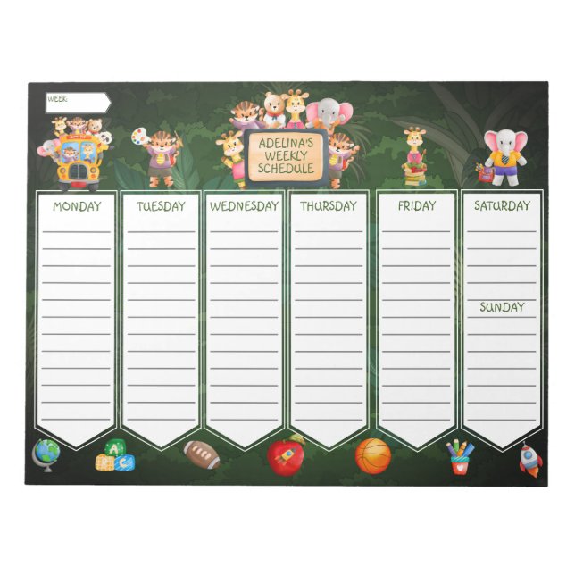Bloc-note Jungle Animal Kids Weekly School Activité Planific (Devant)