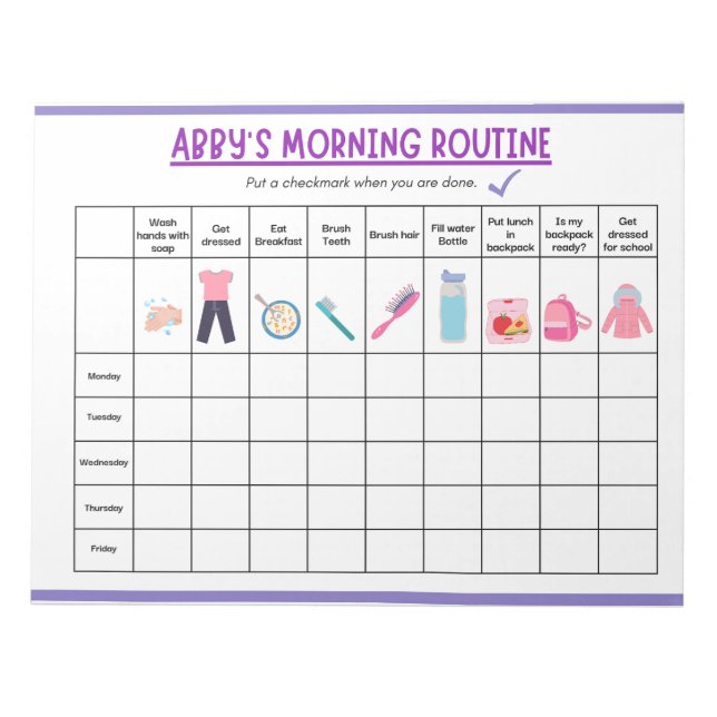 Bloc-note Kids Morning Routine Checklist with Cute Icons (Devant)