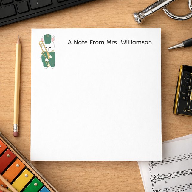 Bloc-note Lapin de l'orchestre d'harmonie Trombone Vert Pers (A notepad with customizable text and a cute rabbit with a trombone.)