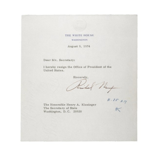 Bloc-note Lettre de démission de Richard M. Nixon 1974 (Devant)
