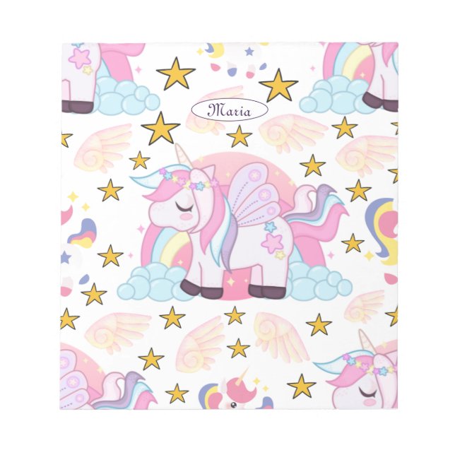 Bloc-note Licorne Arc-en-Ciel Étoiles Nom Personnalisé  (Devant)
