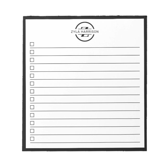 Bloc-note Liste de contrôle de nom de monogramme noir et bla (Devant)