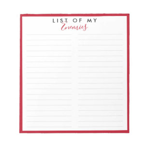 Bloc-note Liste d'ennemis Bordure Rouge Élégante Blague Drôl