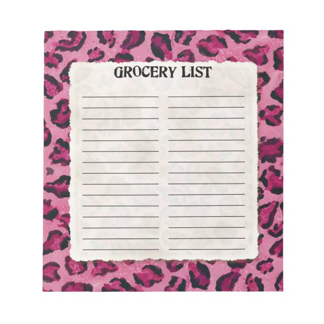Bloc-note Liste d'épicerie noir rose chaud tache léopard Imp (Devant)