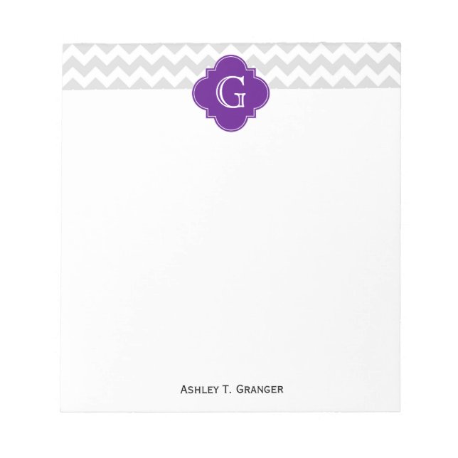 Bloc-note Lt Grey Blanc Chevron Violet Quatrefoil Monogramme (Devant)