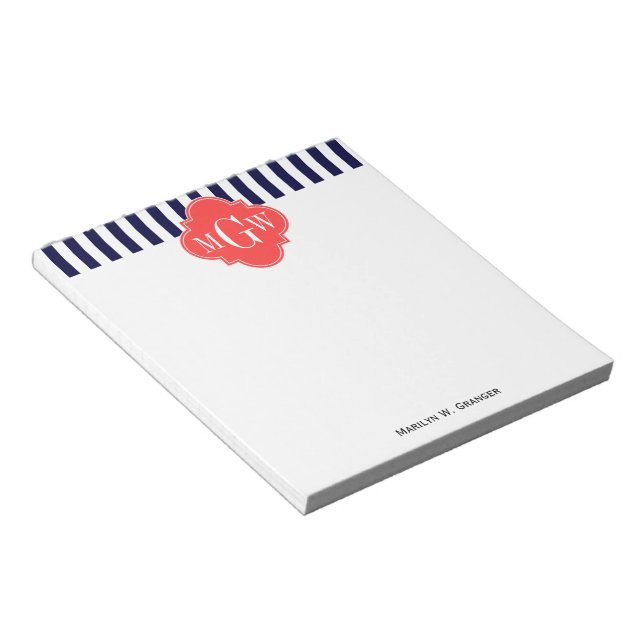 Bloc-note Marine Blancs Corail Rouge Quatrefoil 3 Monogramme (Incliné)