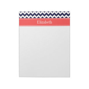 Bloc-note Marine Bleu Blanc Chevron Corail Nom rouge Monogra