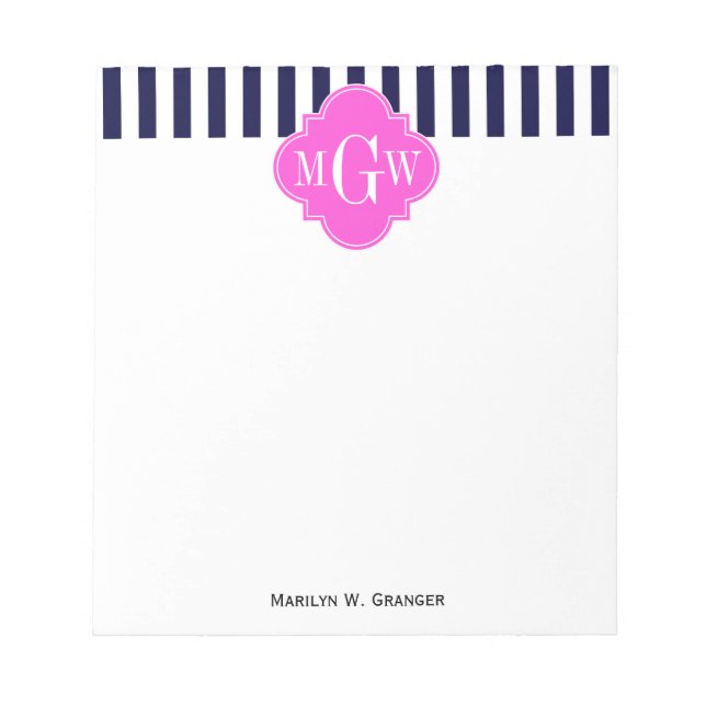 Bloc-note Marine White Stripe Hot Pink Quatrefoil 3 Monogram (Devant)