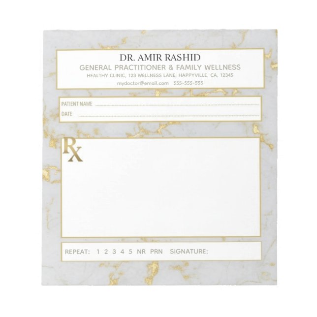 Bloc-note Matte Gold White Grey Marble Doctor Prescription (Devant)
